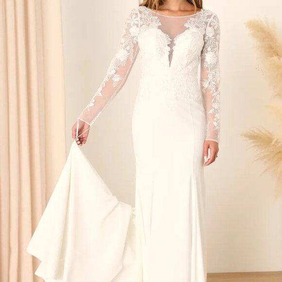 Lulus Wedding Eternity With You White Lace Long Sleeve Dress Size 2 - Picture 4 of 15